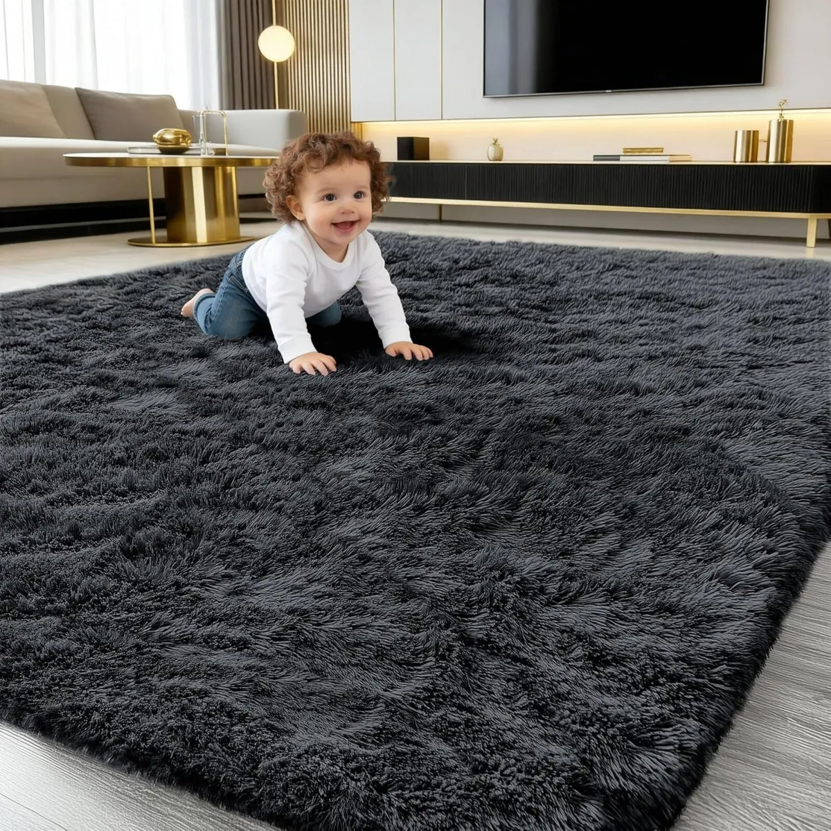 Fluffy High Pile Rugs Living Room Large Anti Slip - Image 1