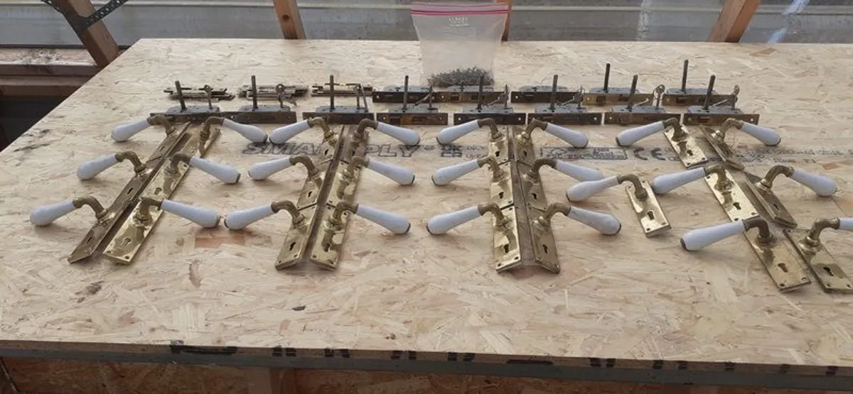 Antique Brass & Porcelain Door Handles & Locks  Complete Set for 12 Doors - Image 1