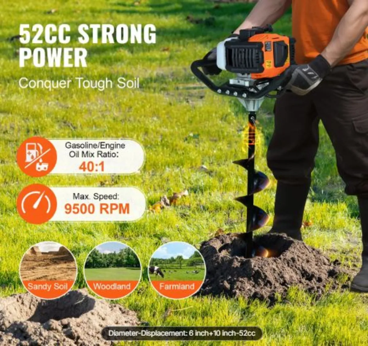 Post Hole Digger Gas Powered, 52CC 1450W Earth - Image 2