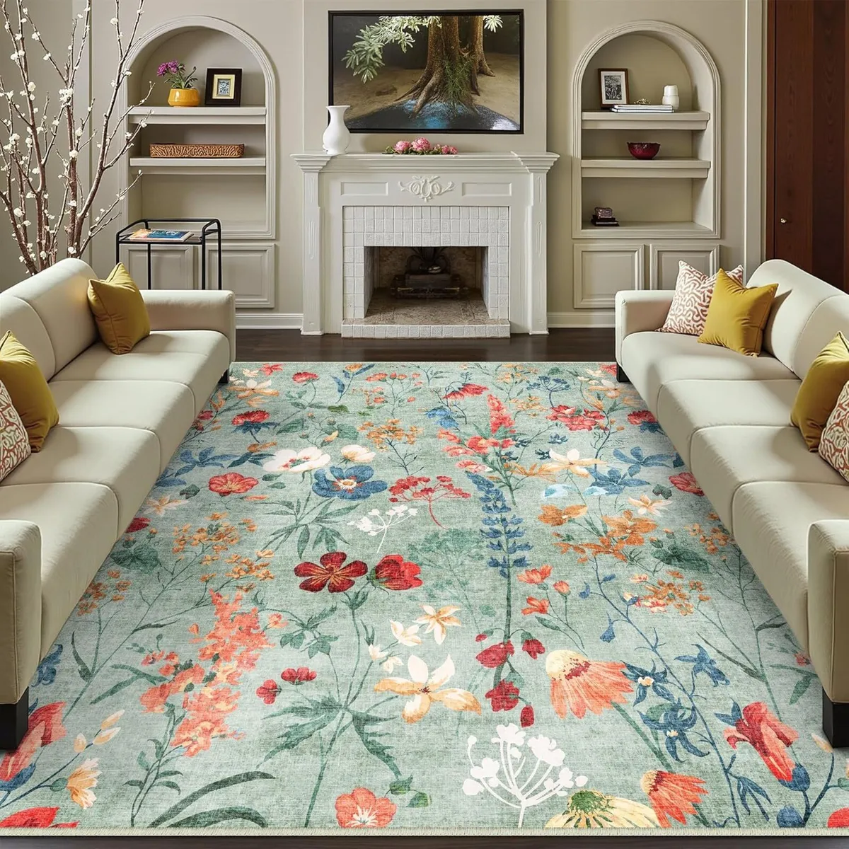 Rugs Living Room Green Washable Flower Area Rug - Image 1