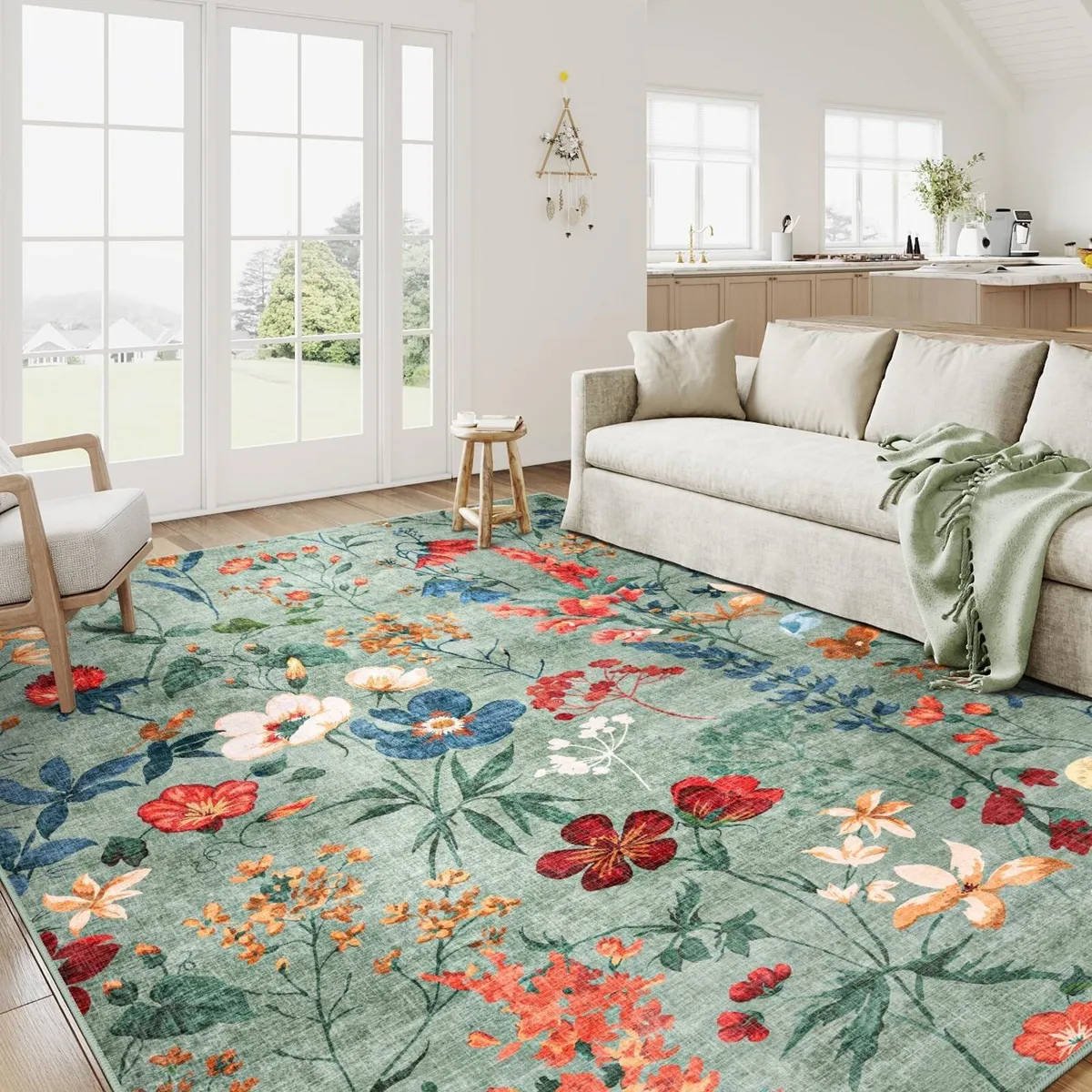 Rugs Living Room Green Washable Flower Area Rug - Image 4