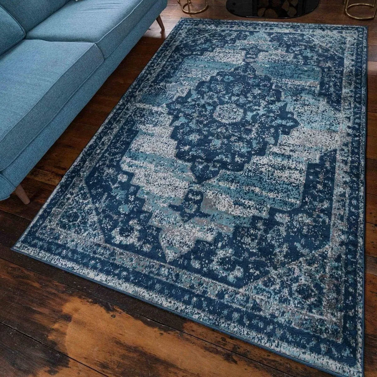 Large Navy Blue Traditional Style Living Room Rug - Image 1