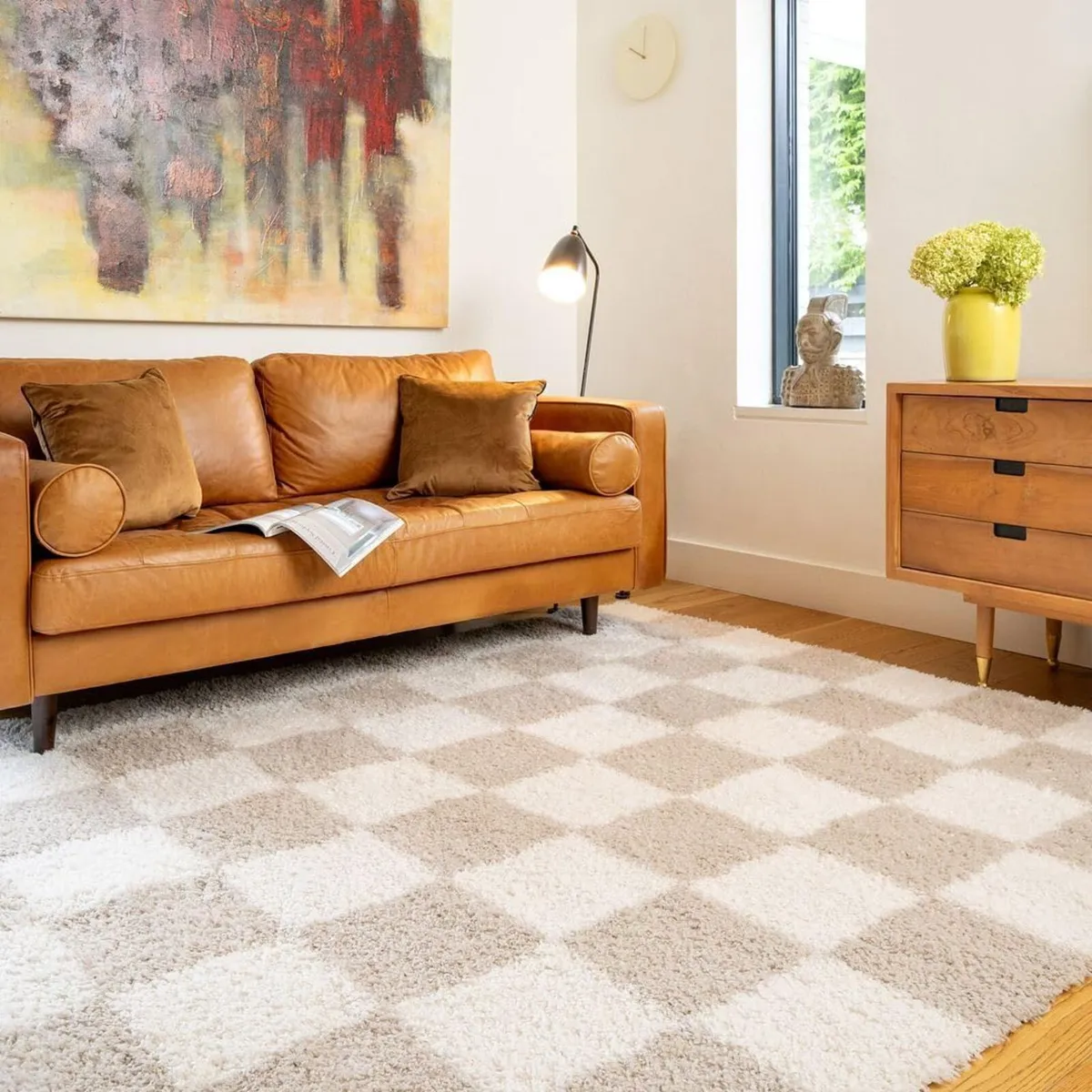 Modern Shaggy Rug Beige Cream Abstract Checker - Image 1