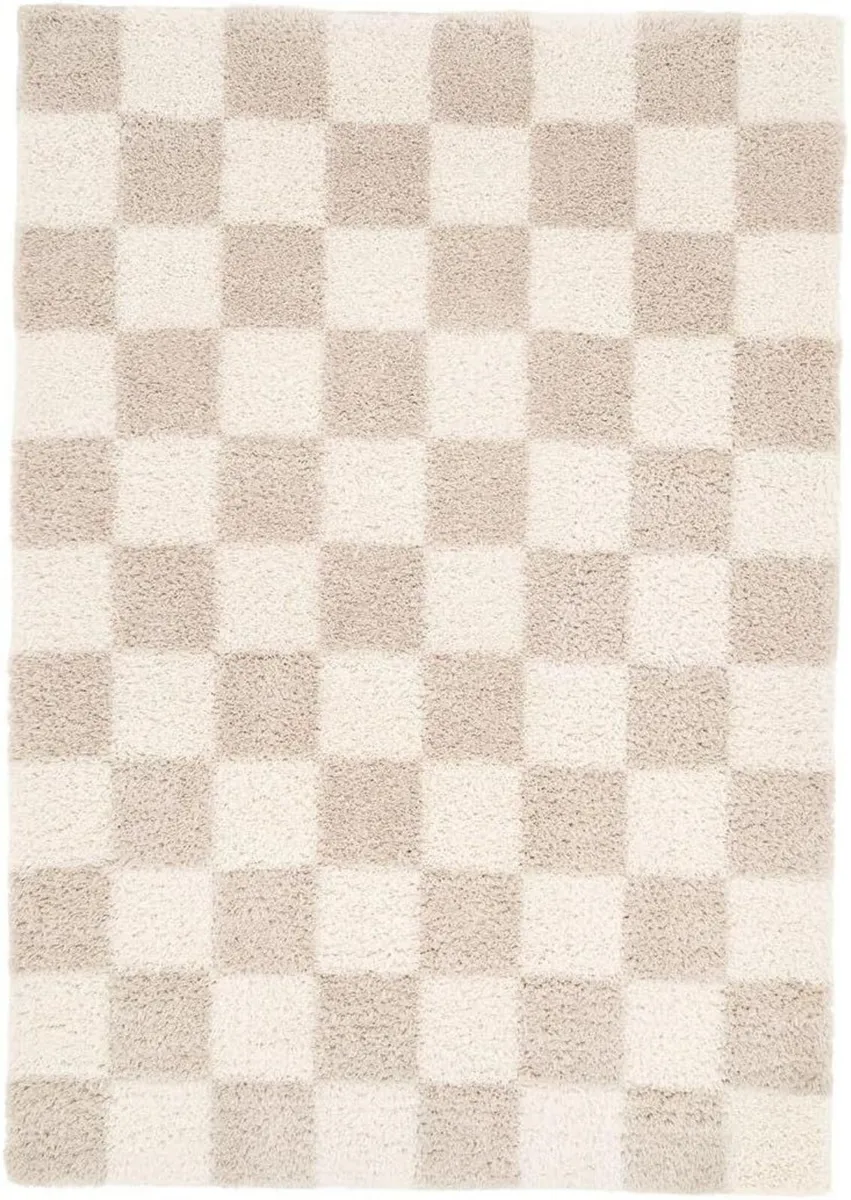 Modern Shaggy Rug Beige Cream Abstract Checker - Image 2