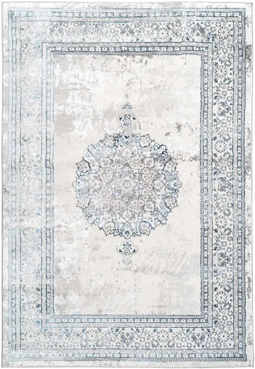 Luxe Grey Blue Medallion Style Area Rug Plush - Image 1