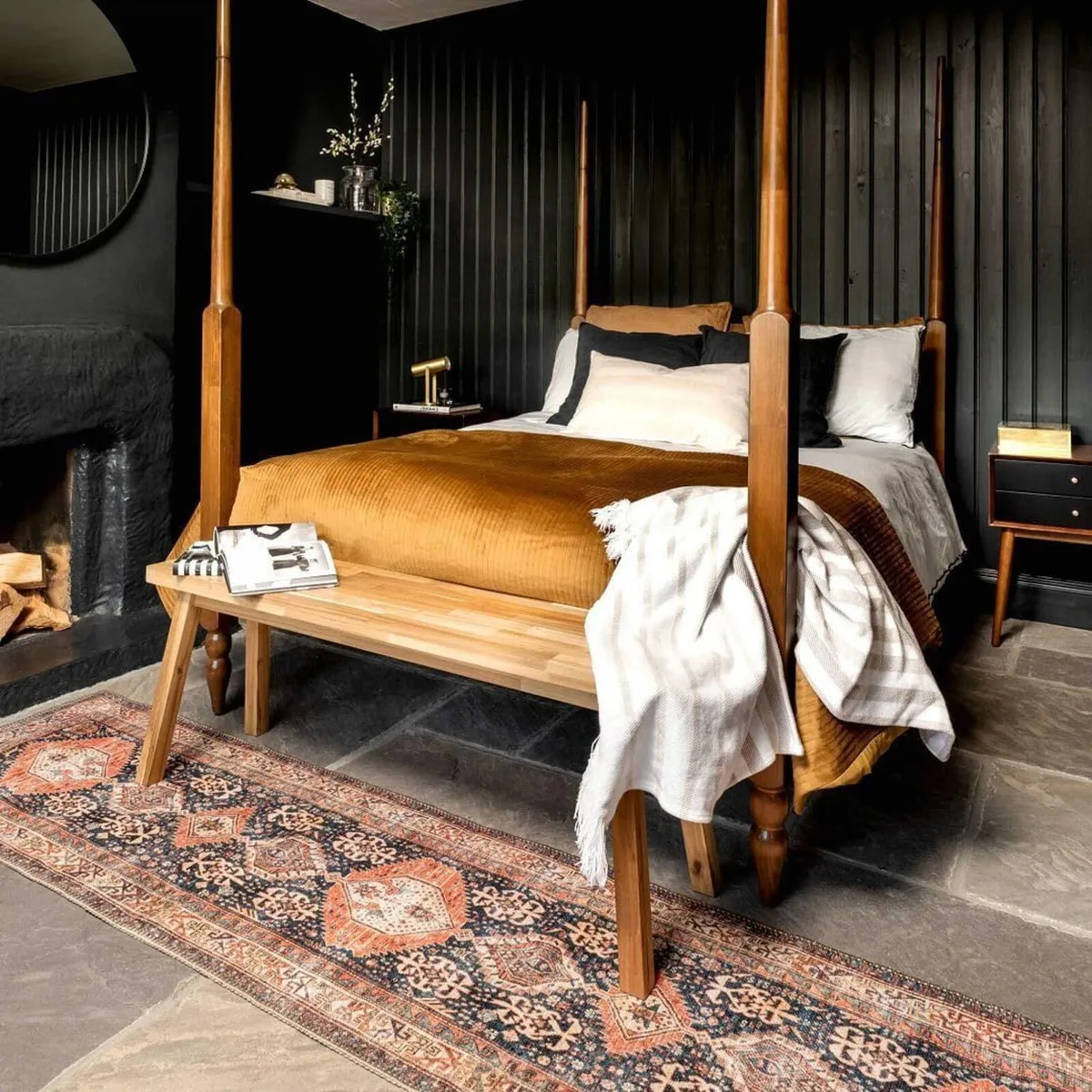 Distressed Tribal Style Navy Blue Cotton Runner - Image 1