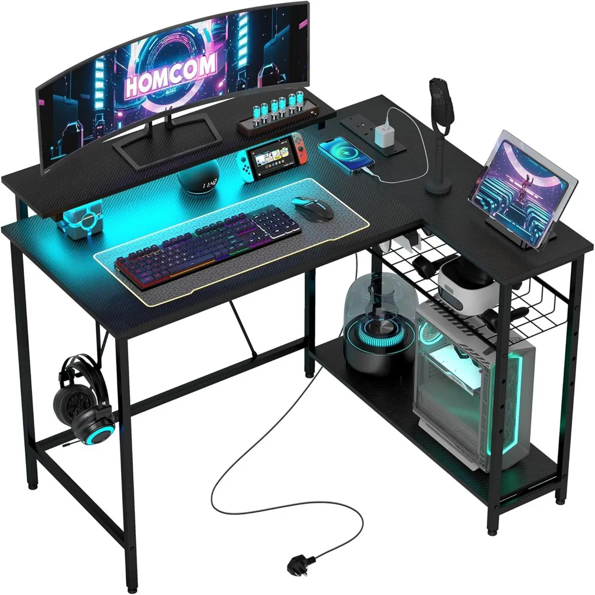 L Shaped Gaming Desk with LED Lights Power Outlet - Image 1