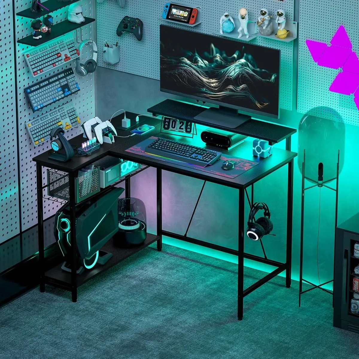 L Shaped Gaming Desk with LED Lights Power Outlet - Image 2