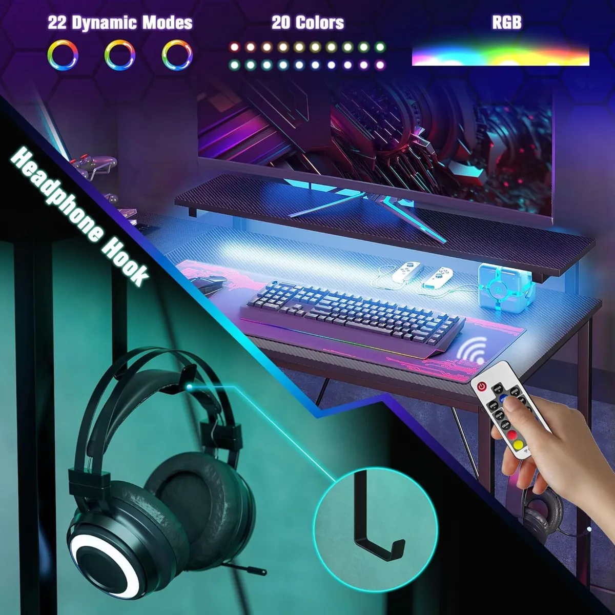 L Shaped Gaming Desk with LED Lights Power Outlet - Image 4