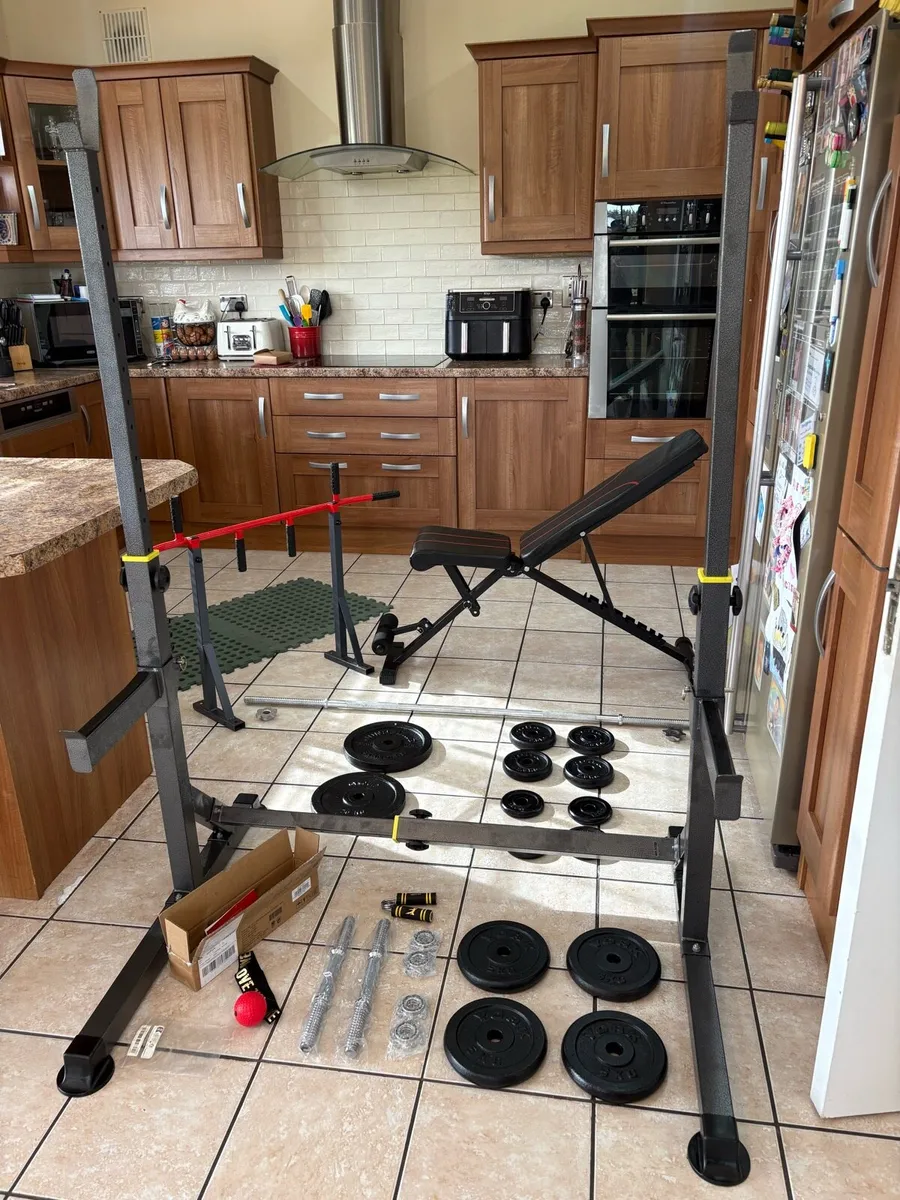 GYM WEIGHT SET, SQUAT RACK, BENCH, METAL WEIGHTS + - Image 1