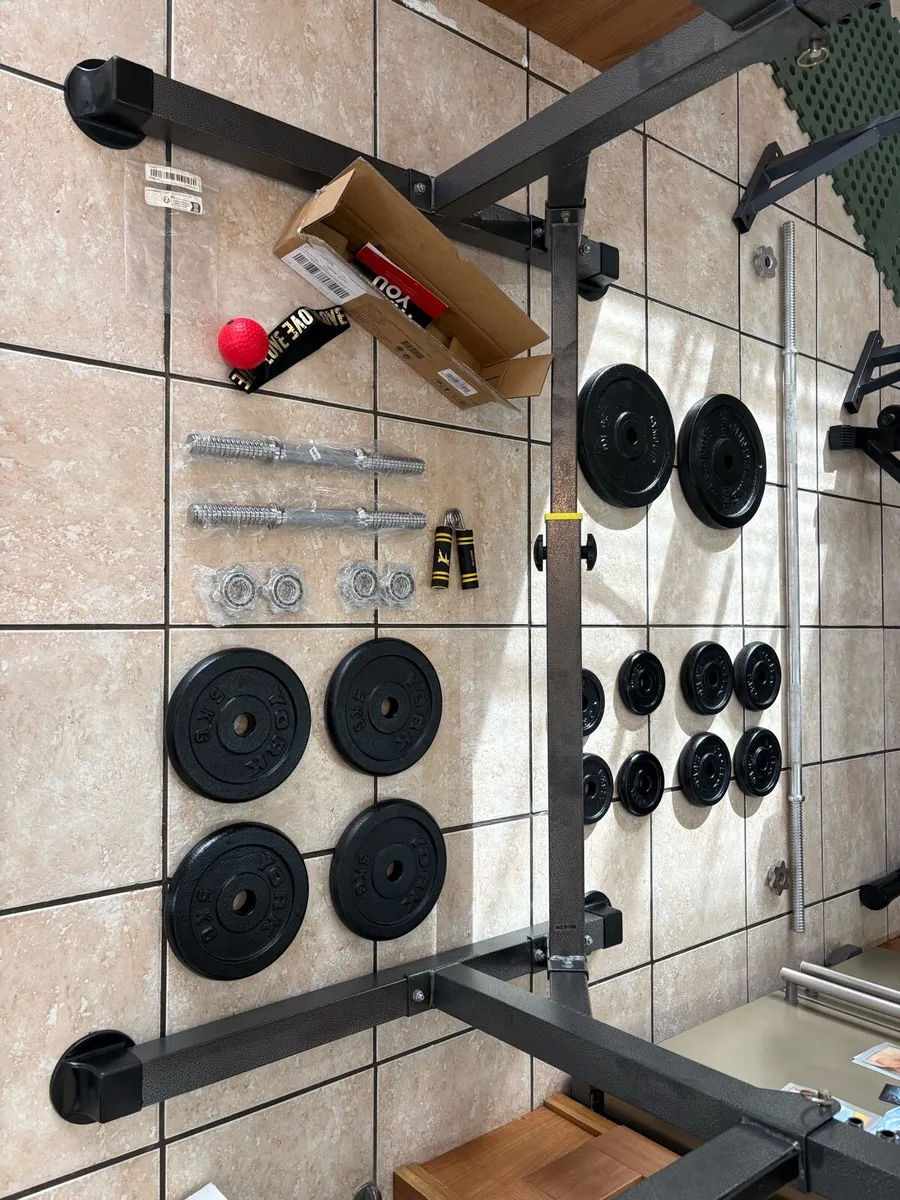 GYM WEIGHT SET, SQUAT RACK, BENCH, METAL WEIGHTS + - Image 2