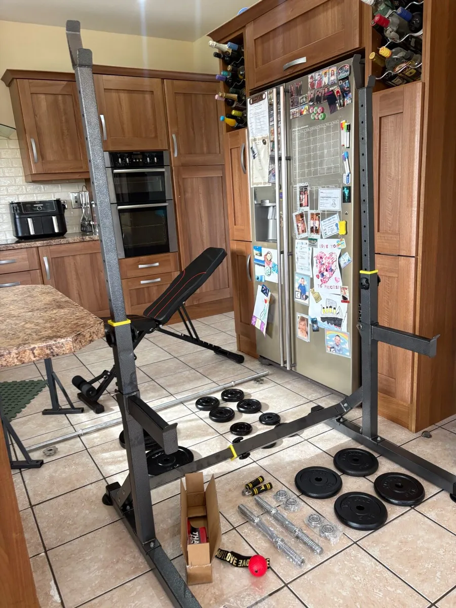 GYM WEIGHT SET, SQUAT RACK, BENCH, METAL WEIGHTS + - Image 3