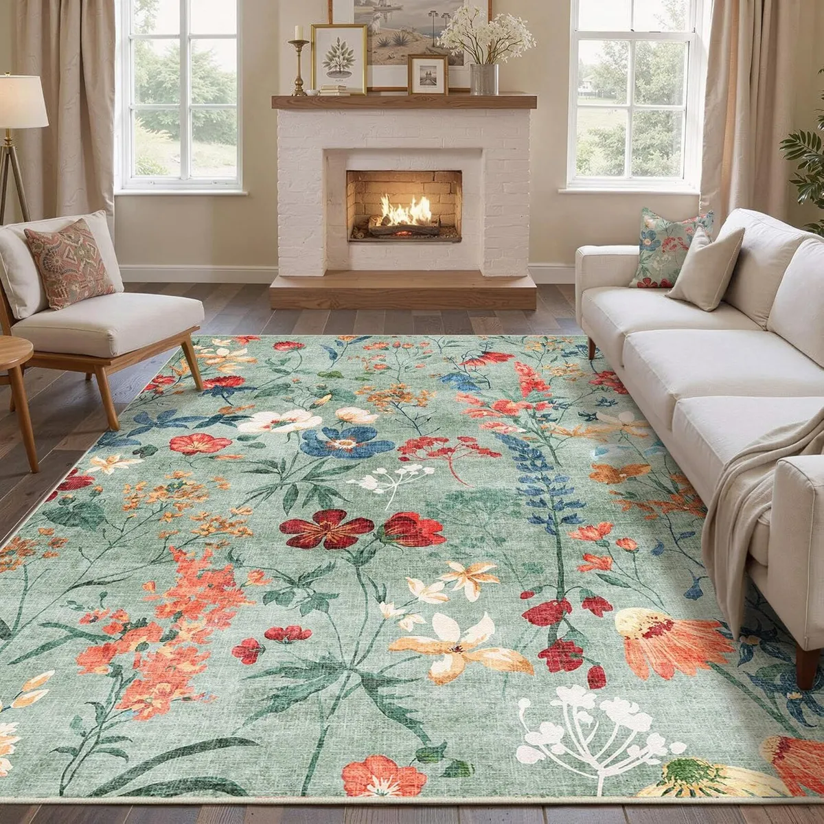 Rugs Living Room Green Washable Flower Area Rug - Image 3