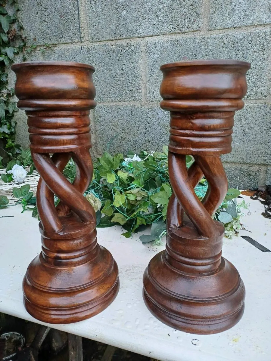 Large Antique Open Twist Handcarved Candlesticks - Image 1