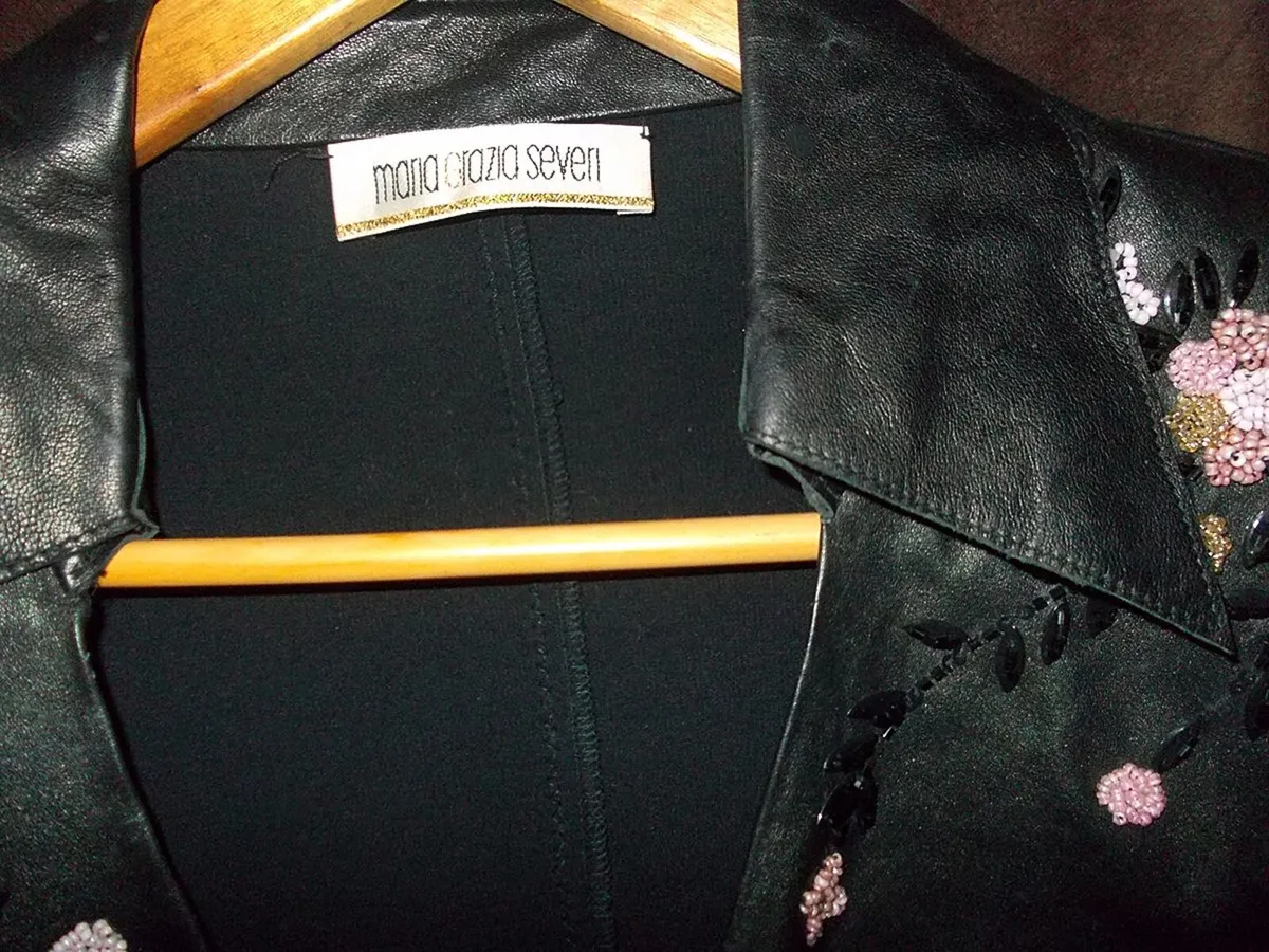 Women's Black Leather Embroidered Jacket - Image 3