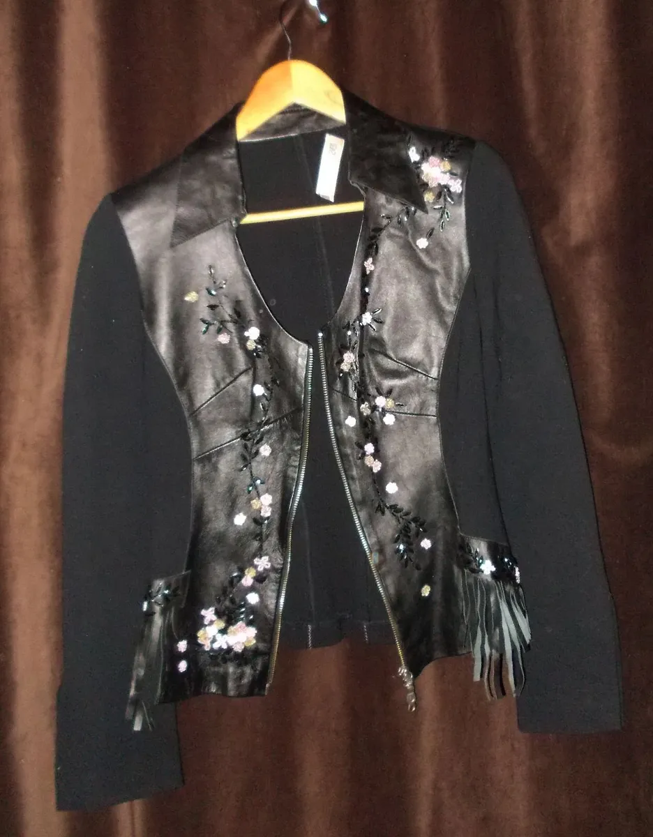 Women's Black Leather Embroidered Jacket - Image 4