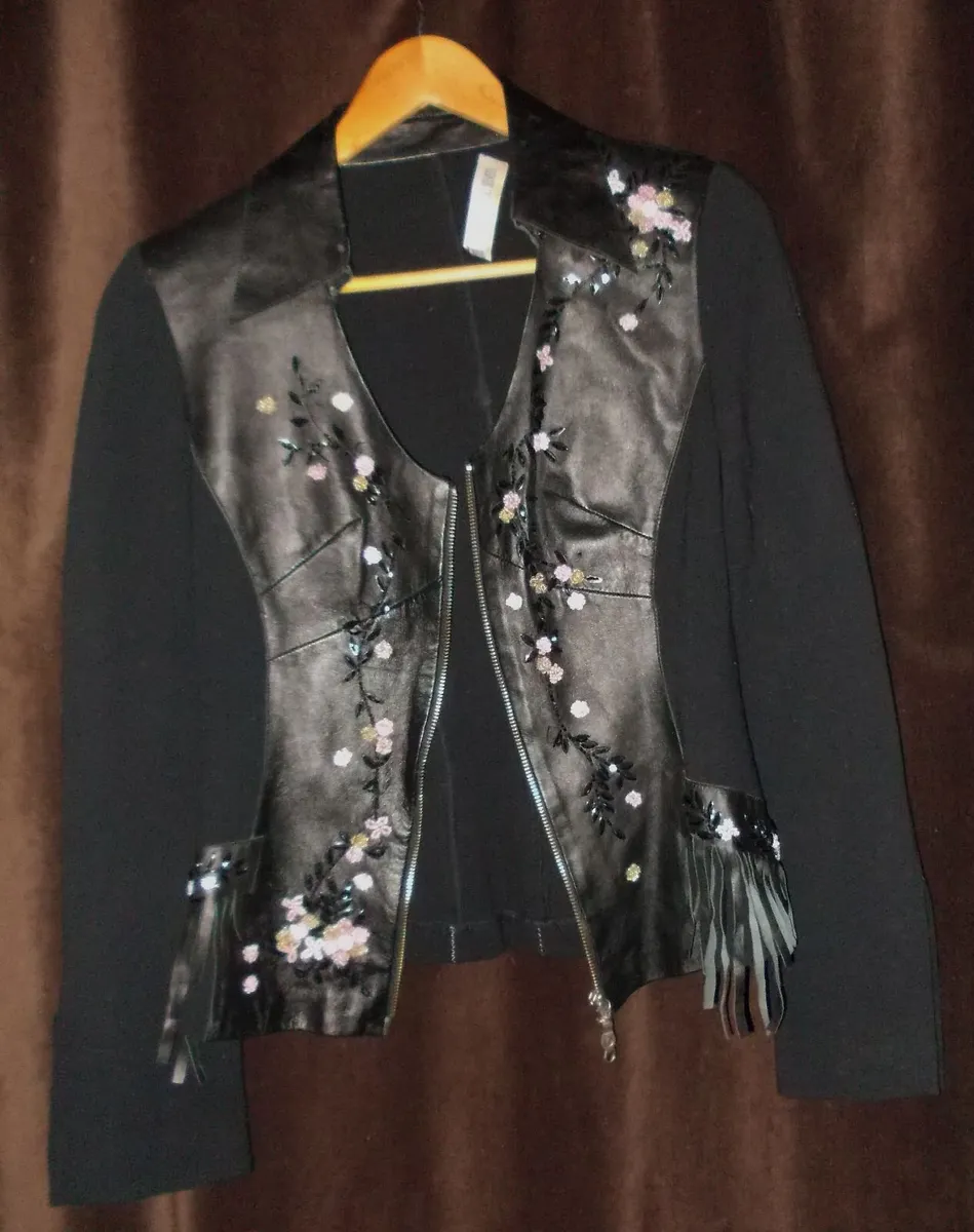 Women's Black Leather Embroidered Jacket - Image 1