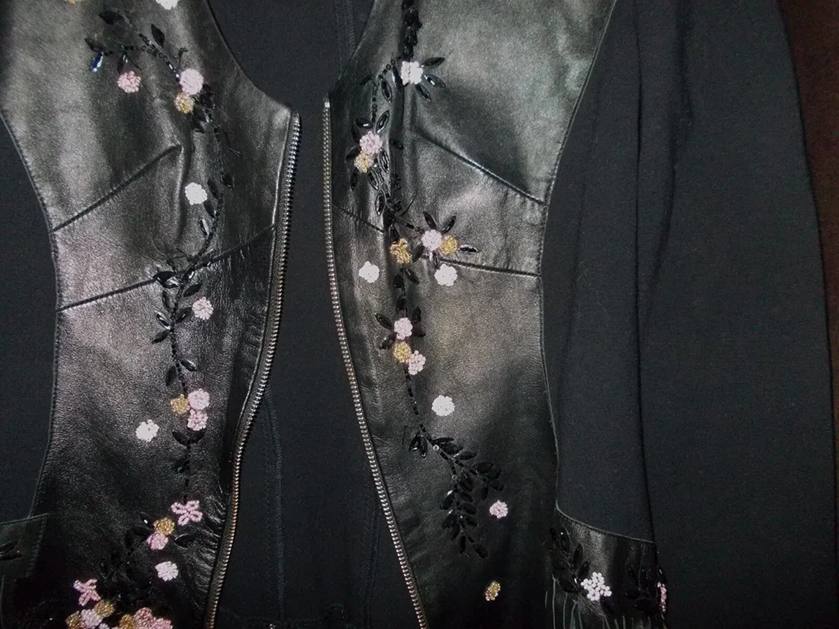 Women's Black Leather Embroidered Jacket - Image 2