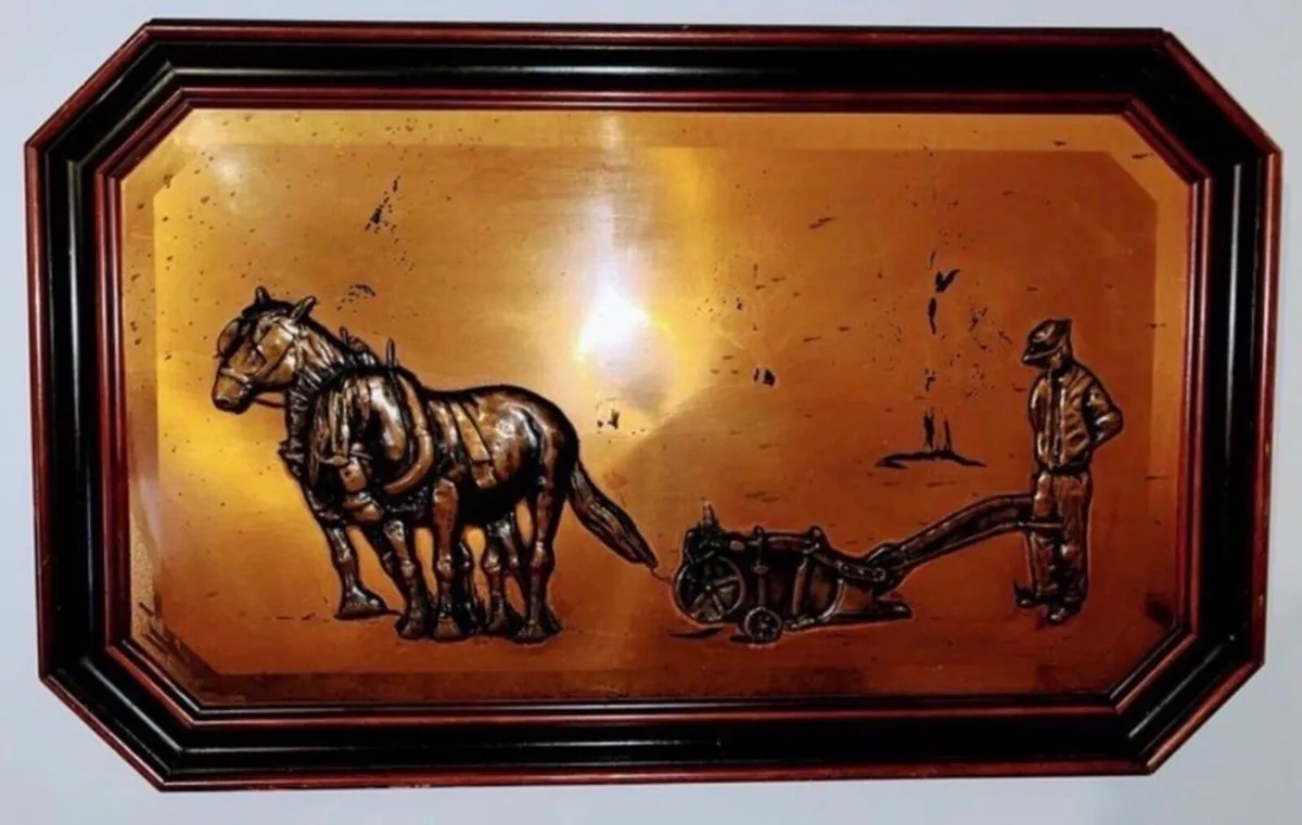 Farmer ploughing the field - vintage copper - Image 1