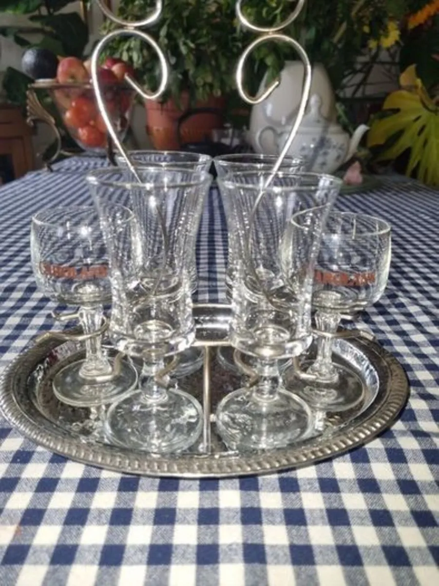 Vintage set of 6 carolans glasses on rack - Image 1