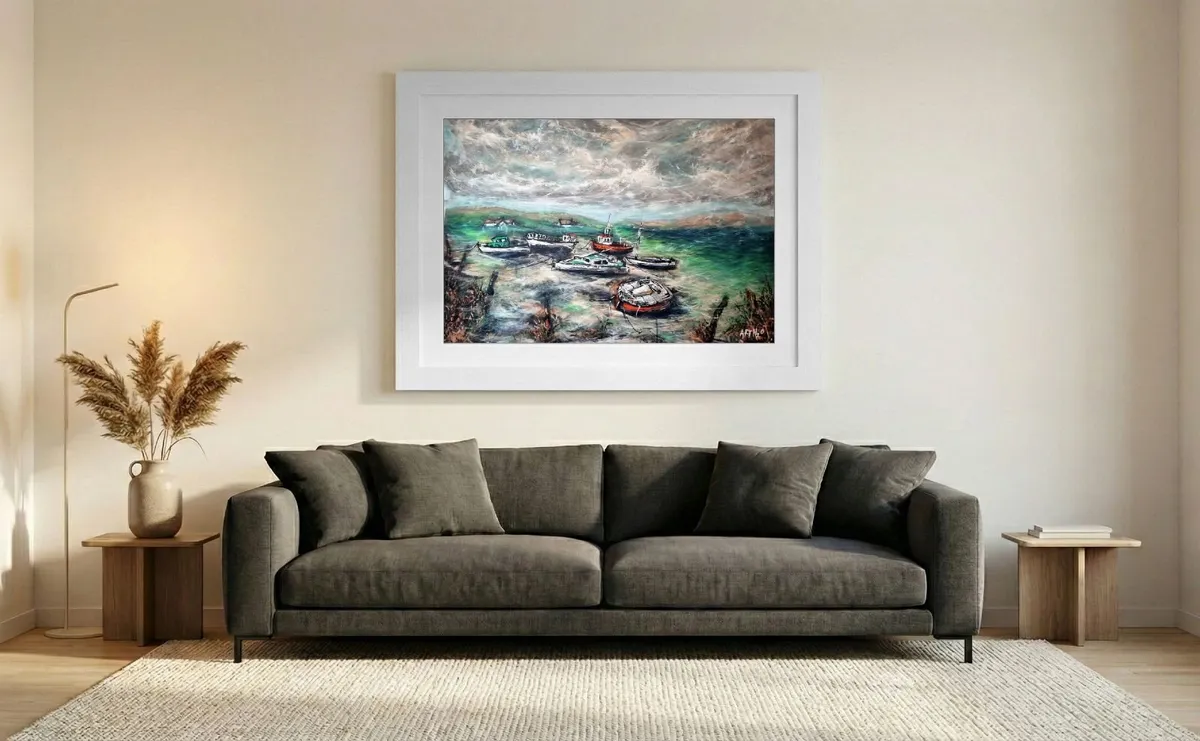Murrisk, Emerald Seascape on Canvas, Fishing Boats - Image 1