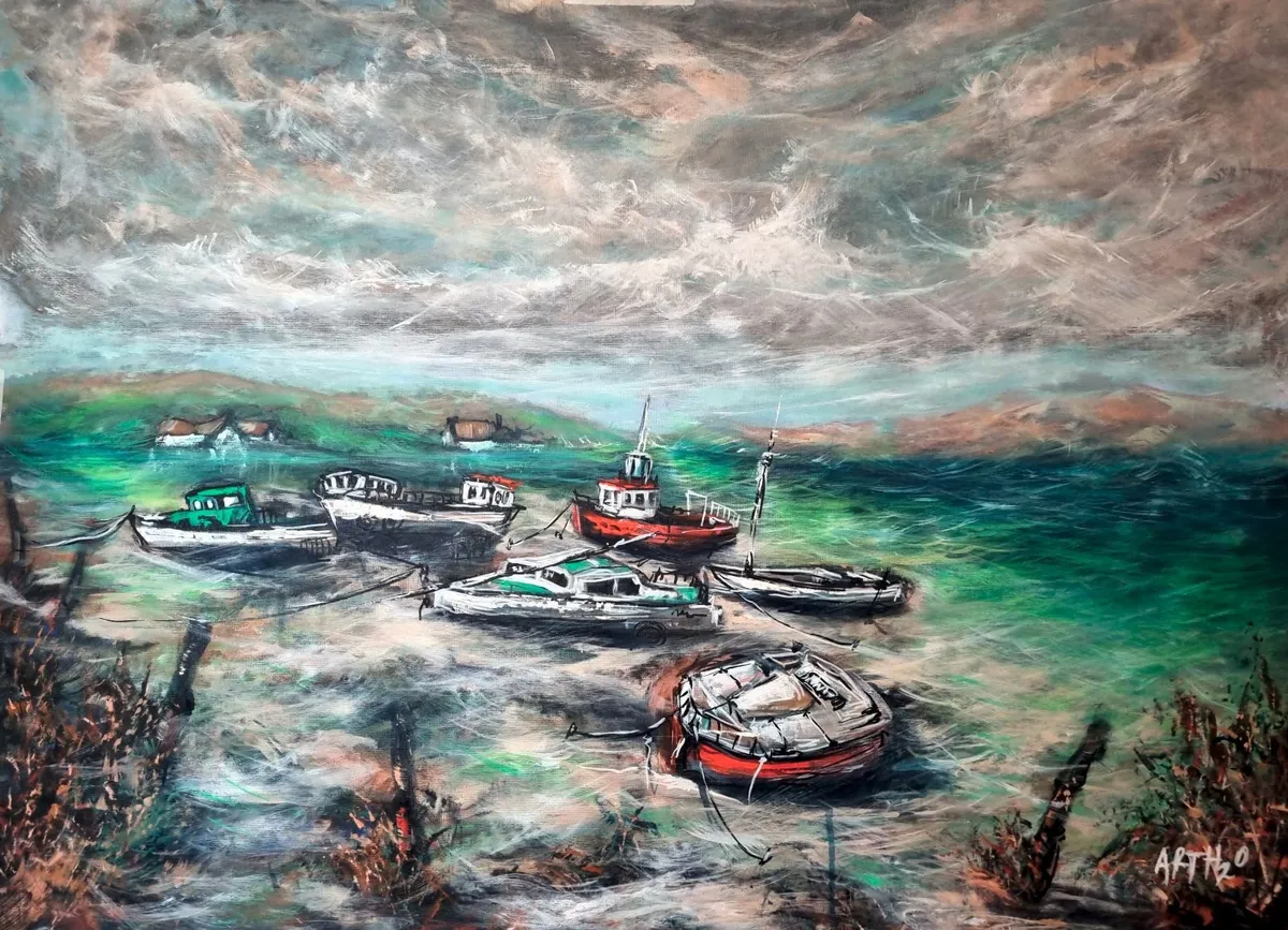 Murrisk, Emerald Seascape on Canvas, Fishing Boats - Image 2