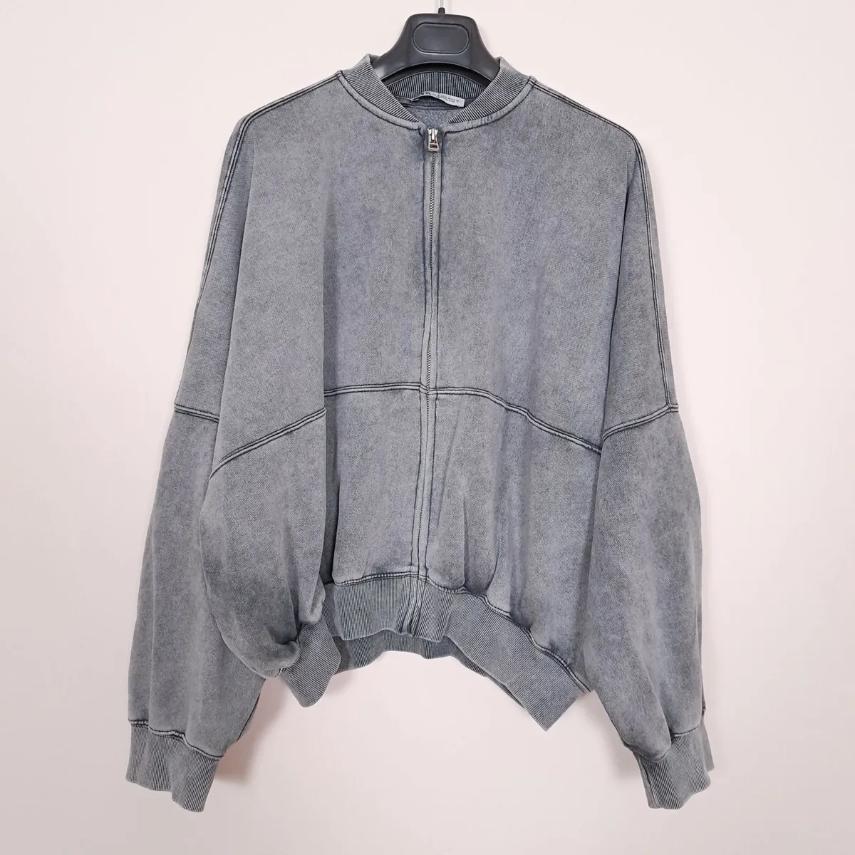 Zara Grey Acid Wash Full-Zip Bomber Jacket Size M - Image 3