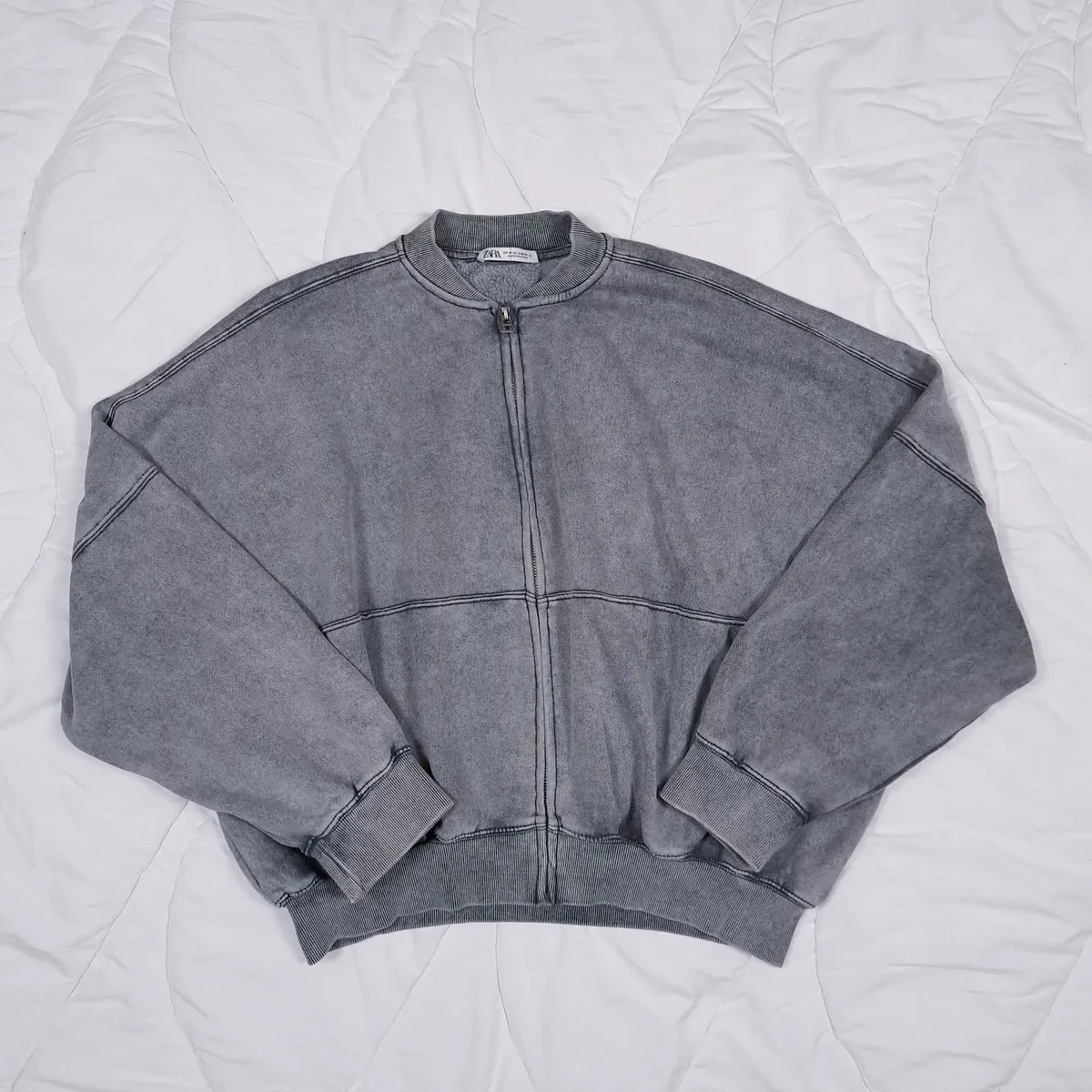 Zara Grey Acid Wash Full-Zip Bomber Jacket Size M - Image 1