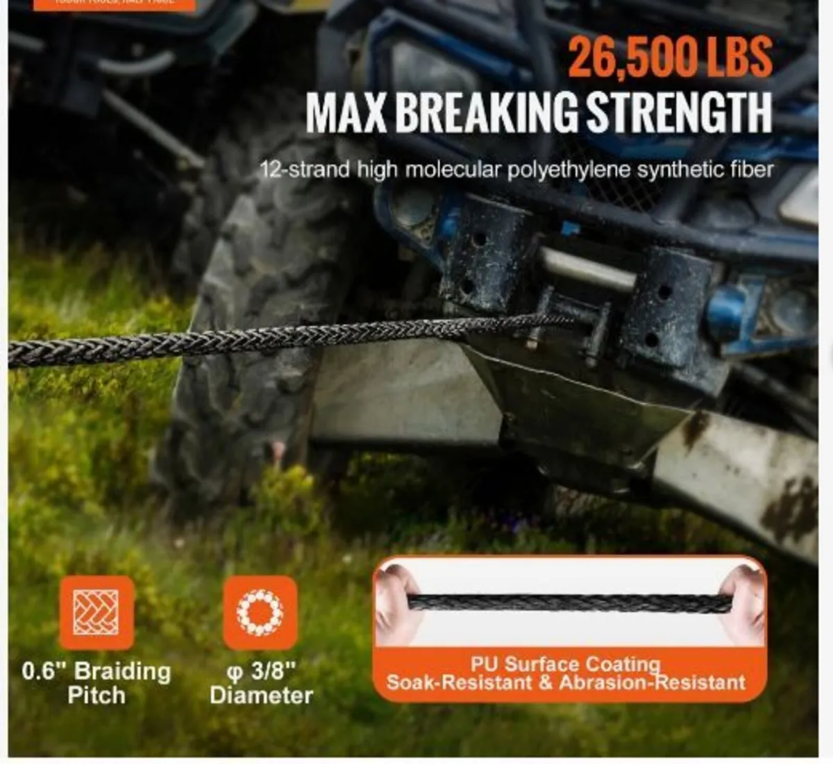 Synthetic Winch Rope, 9.5 mm x 30.48 m - Image 2