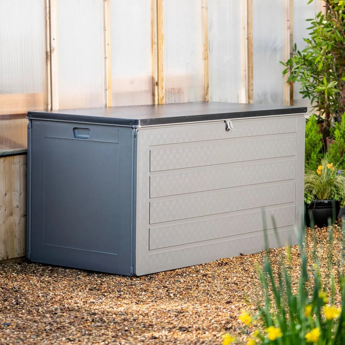 Grey Lockable Storage Patio Box with Sit-on Lid - Image 4