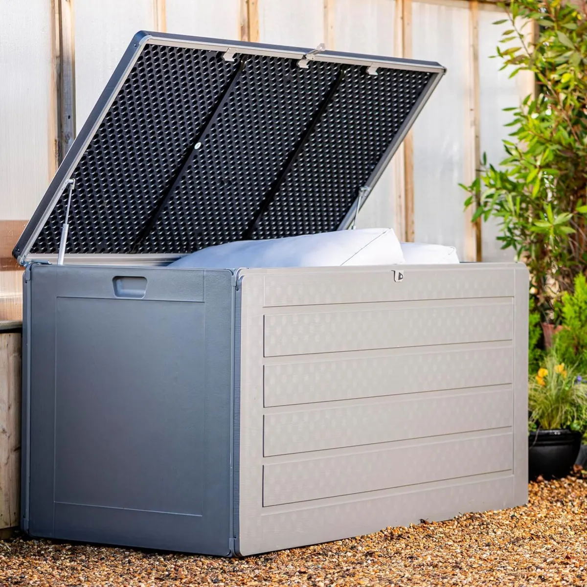 Grey Lockable Storage Patio Box with Sit-on Lid - Image 2