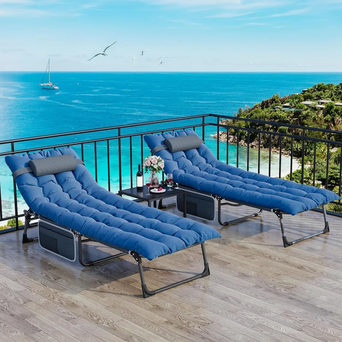 Reclining Sun Lounger Set of 2 with Cushion - Image 2