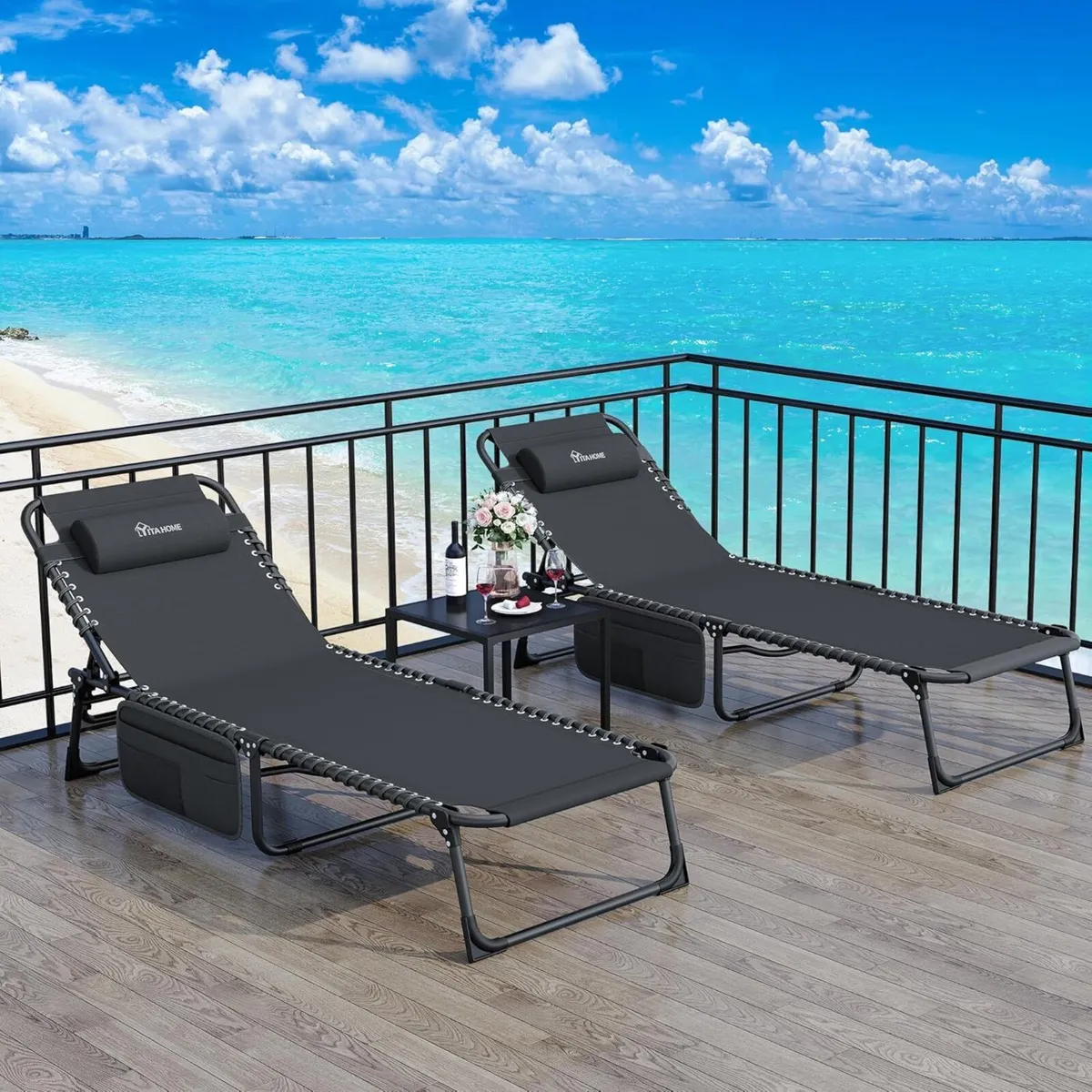 Reclining Sun Lounger Set of 2 Folding Bed 4 - Image 1