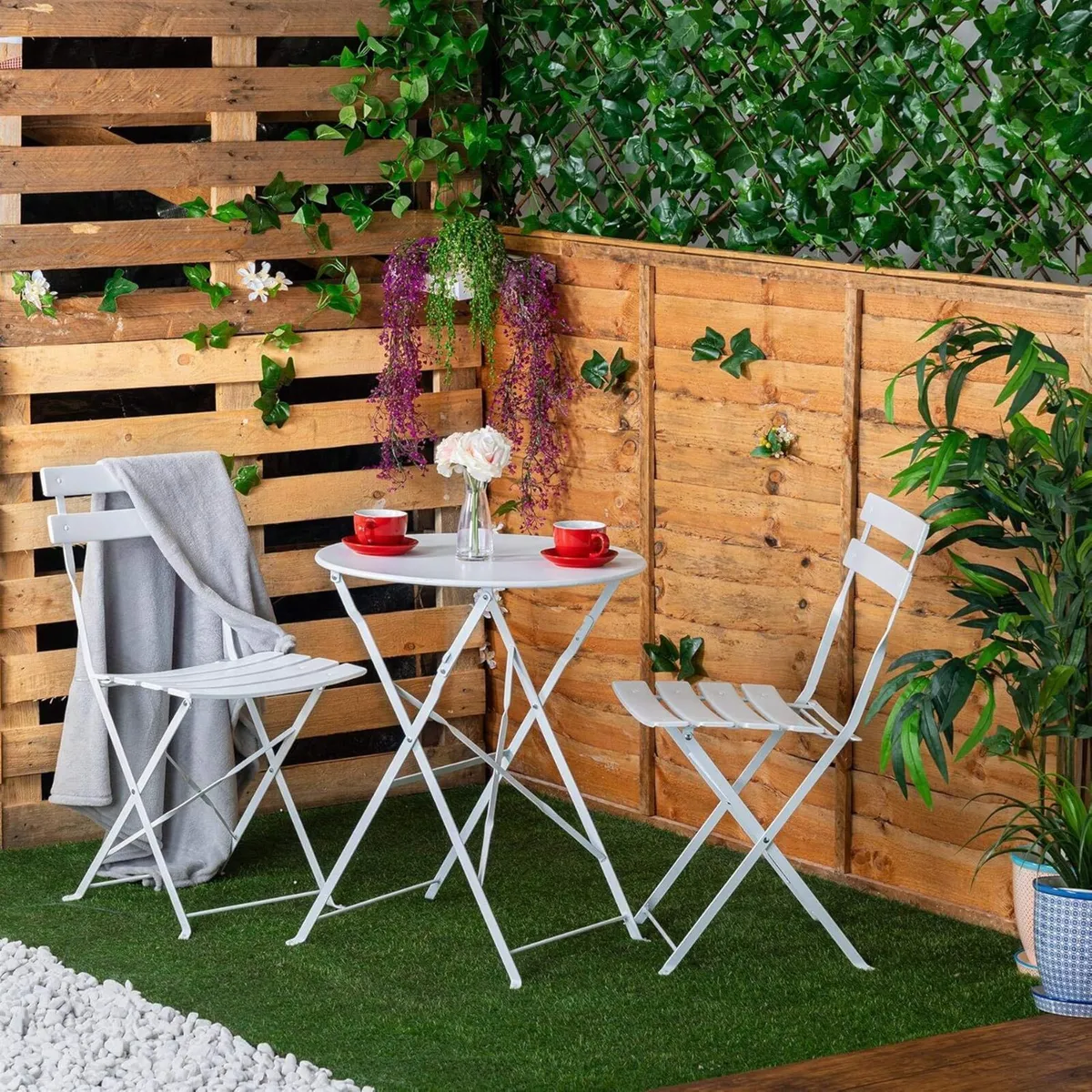 2 Seater White Round Bistro Garden Table and - Image 2