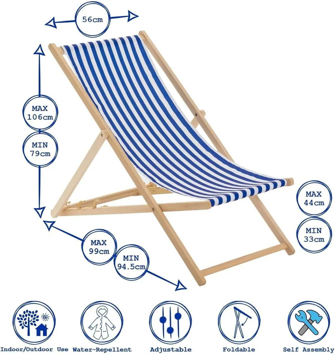 Folding Wooden Deck Chairs – Navy Stripe Pack of - Image 3