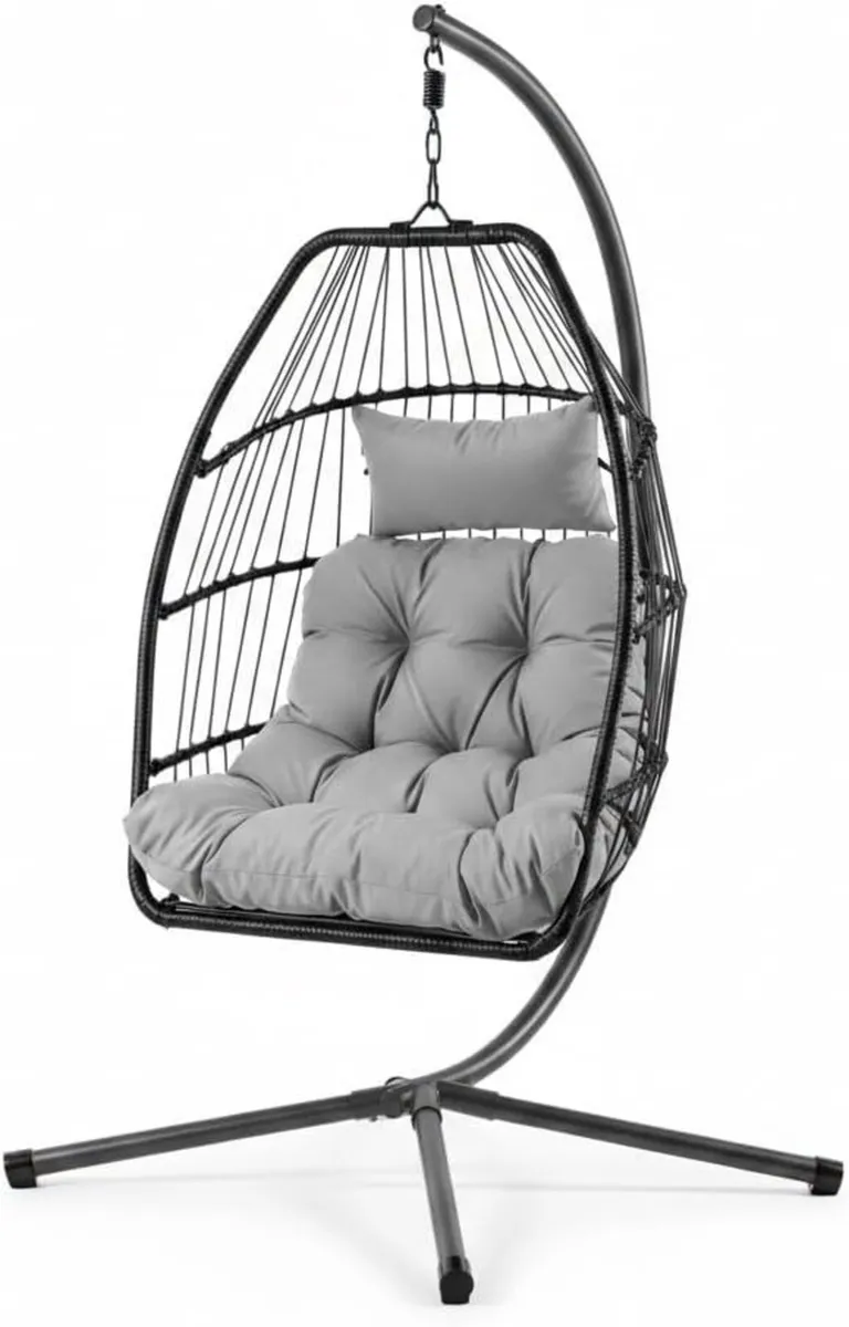 Foldable Hanging Egg Chair with Stand – Rattan - Image 1