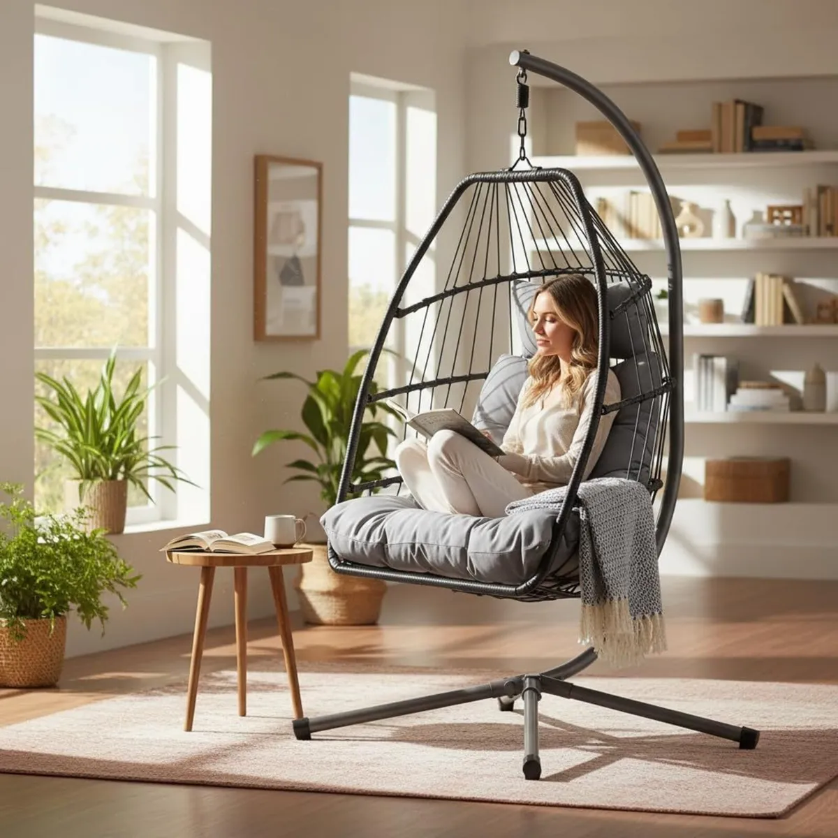 Foldable Hanging Egg Chair with Stand – Rattan - Image 4