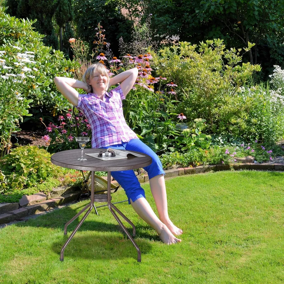 Garden Table Wooden Look Round Outdoor Plastic - Image 2