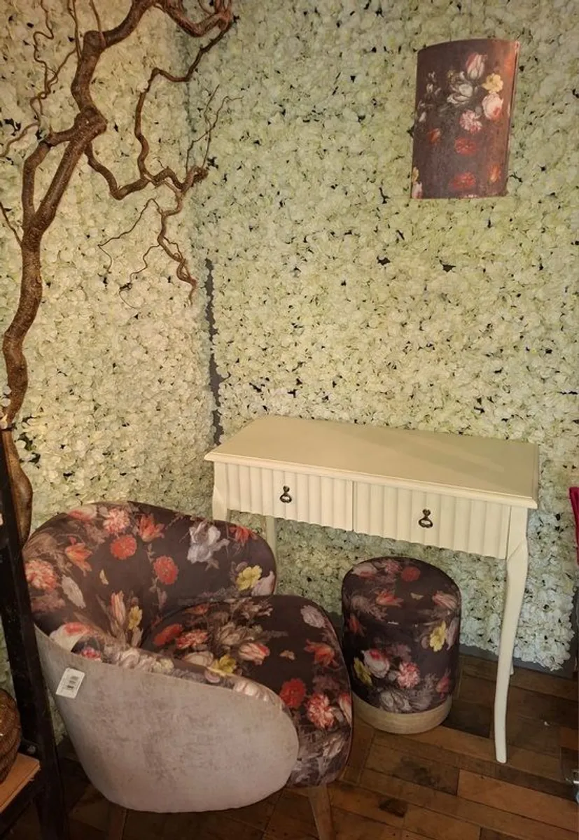 Vanity table, chair, lampshade and foot stool