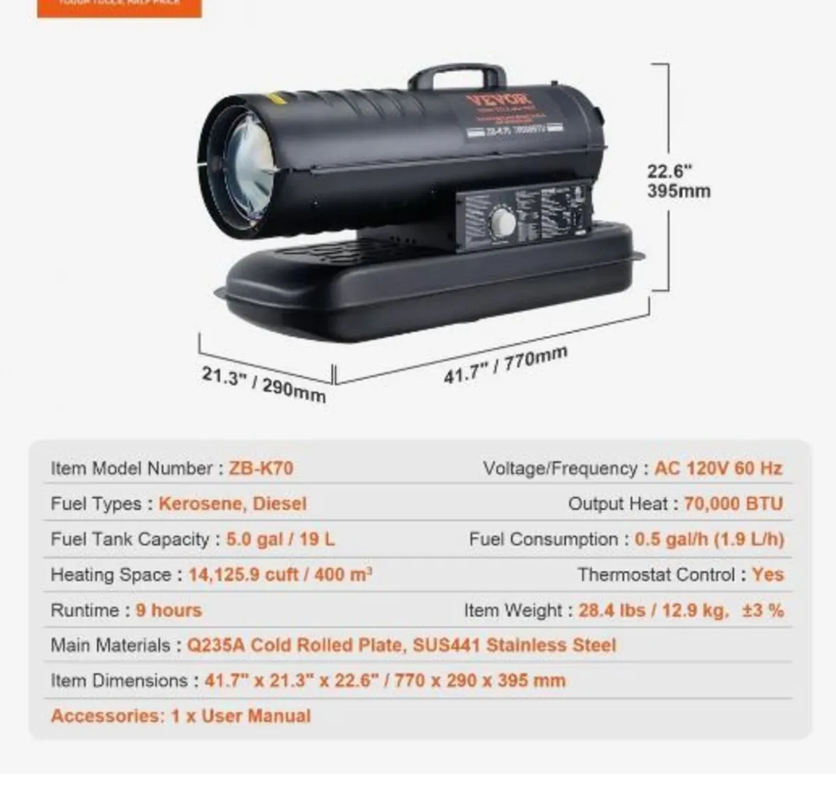 Kerosene/Diesel Forced Air Heater, 70000Btu - Image 4