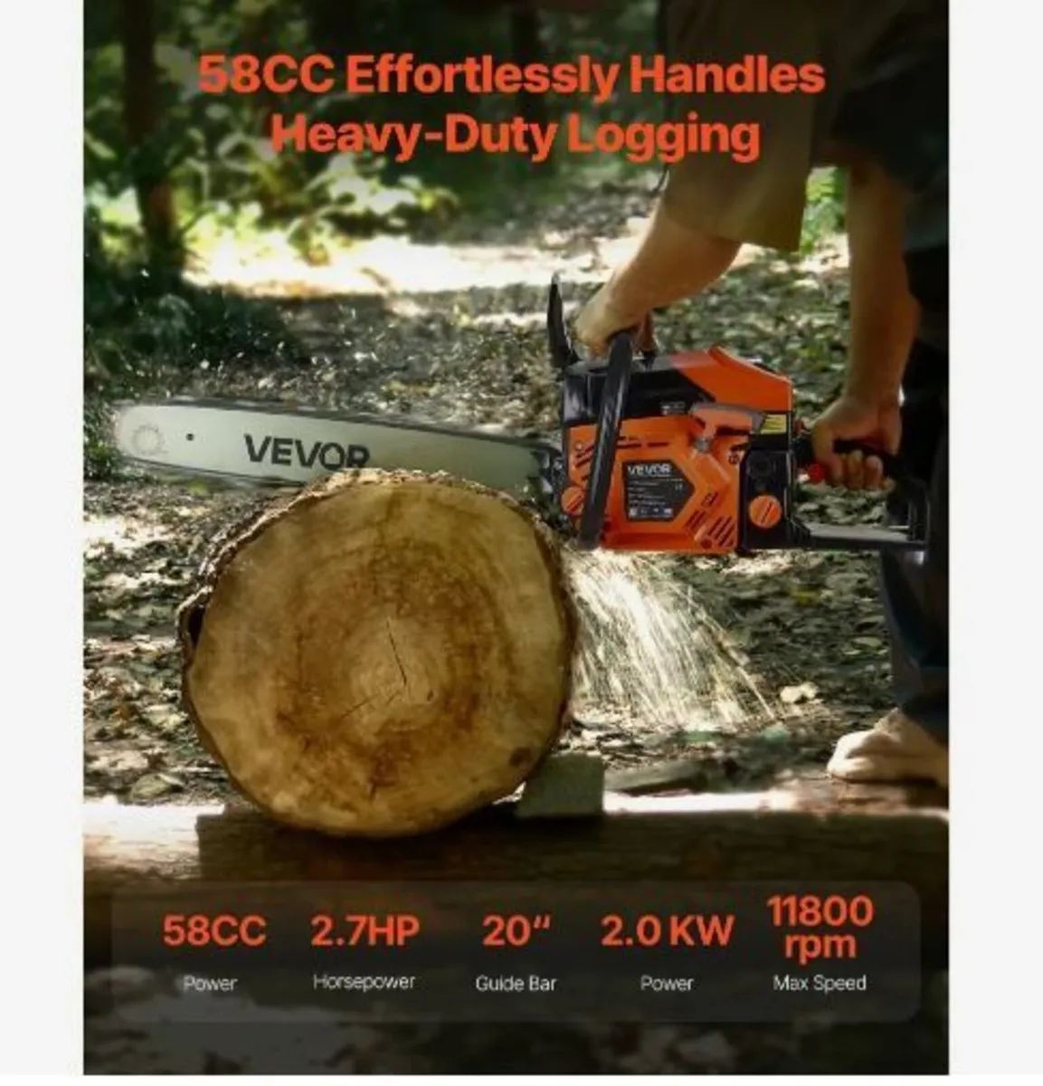 58 cc Gas Chainsaw, 20 inch Gas Powered - Image 2