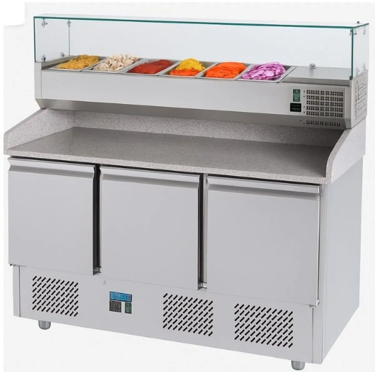 3 DOOR GRANITE TOP PIZZA PREP WITH TOPPINGS UNIT