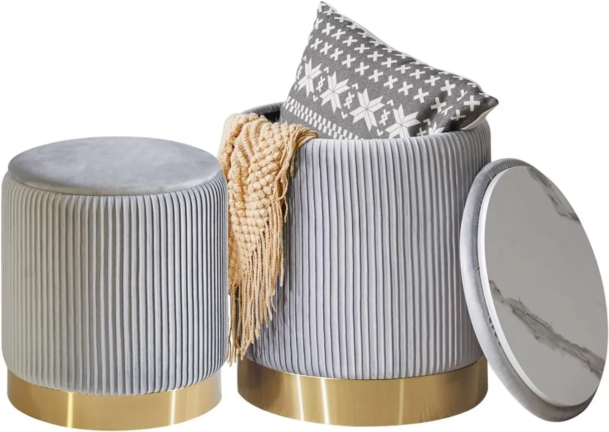 Set of 2 Round Ottoman with Storage Boucle Stool - Image 1