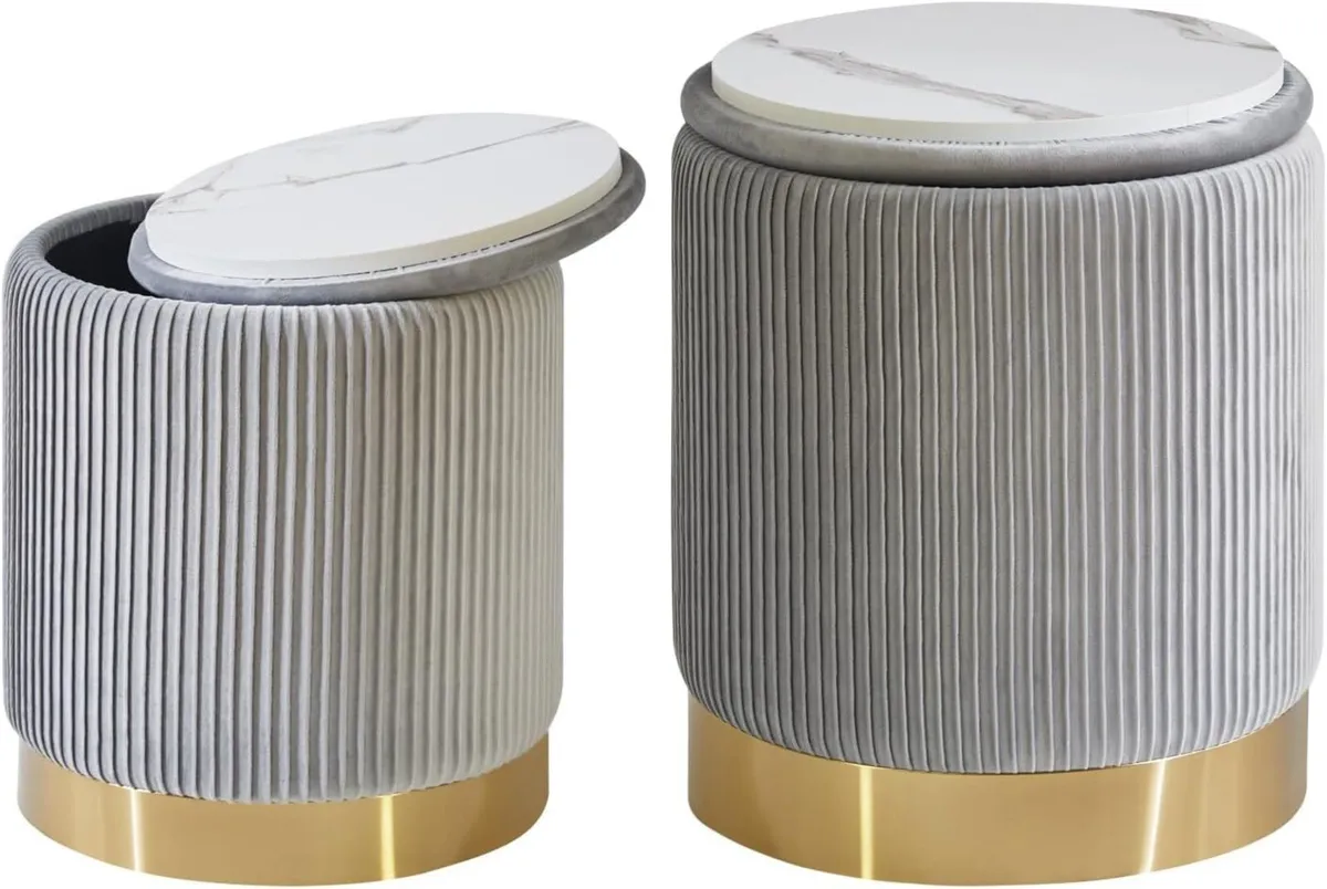 Set of 2 Round Ottoman with Storage Boucle Stool - Image 4