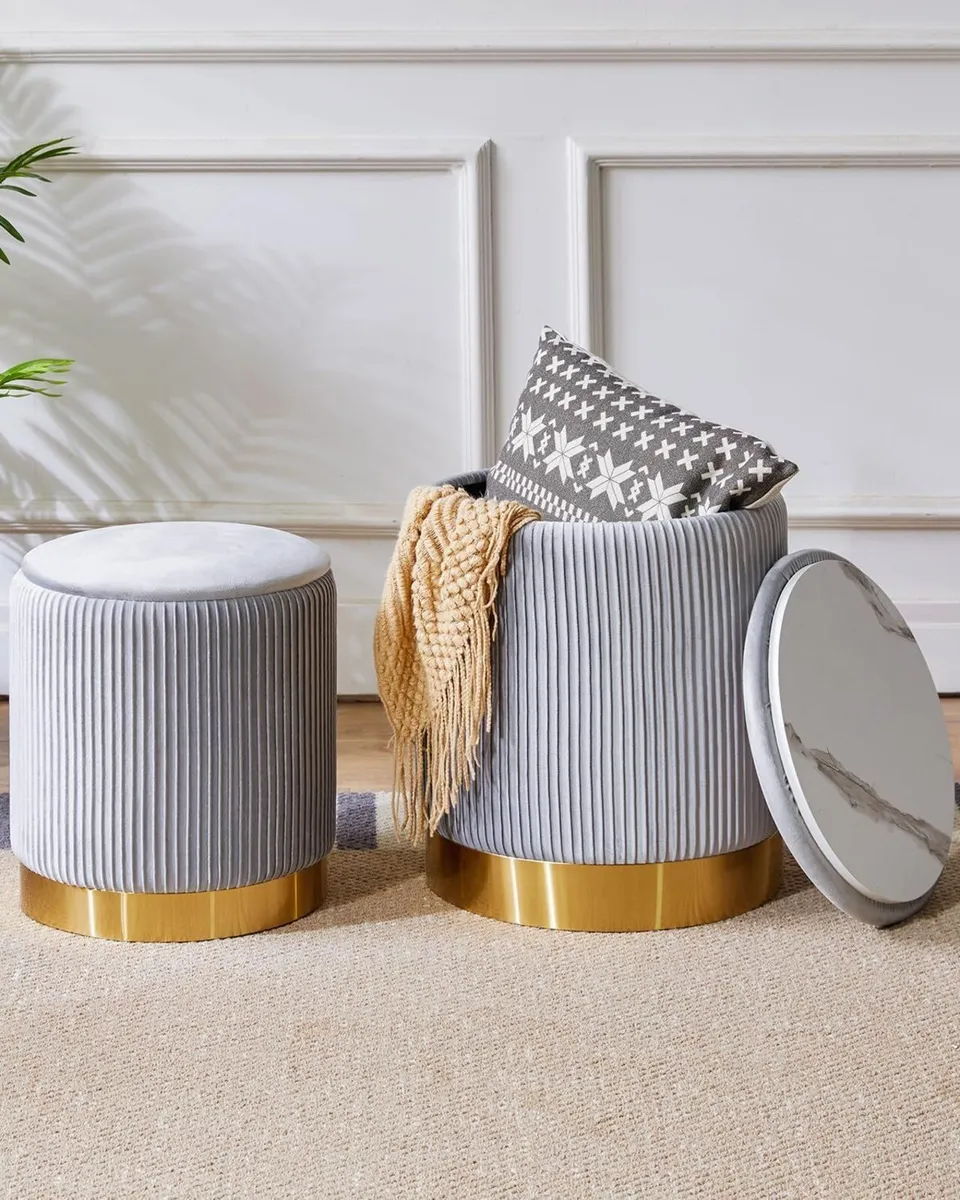Set of 2 Round Ottoman with Storage Boucle Stool - Image 2
