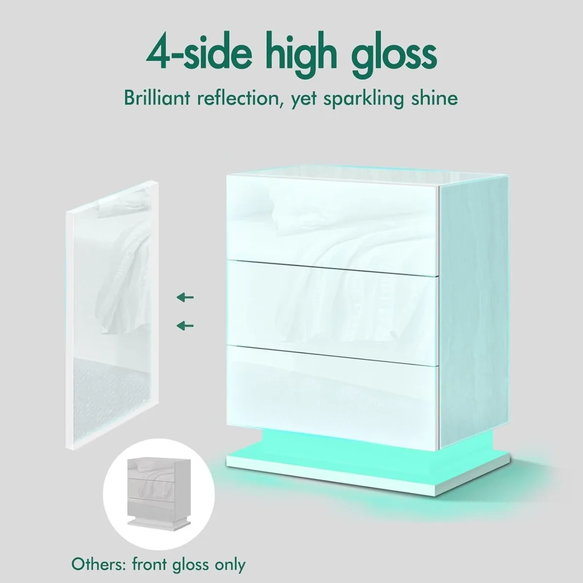 LED Bedside Table with 3 Drawers 4-side High - Image 2