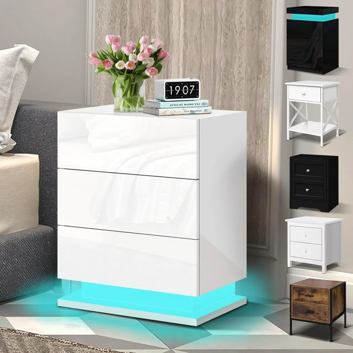 LED Bedside Table with 3 Drawers 4-side High - Image 1