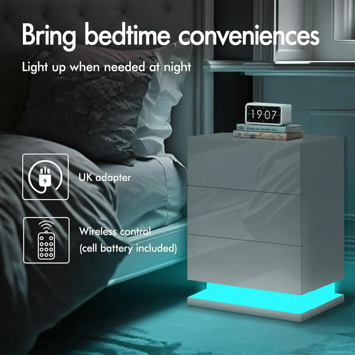 LED Bedside Table with 3 Drawers 4-side High - Image 3