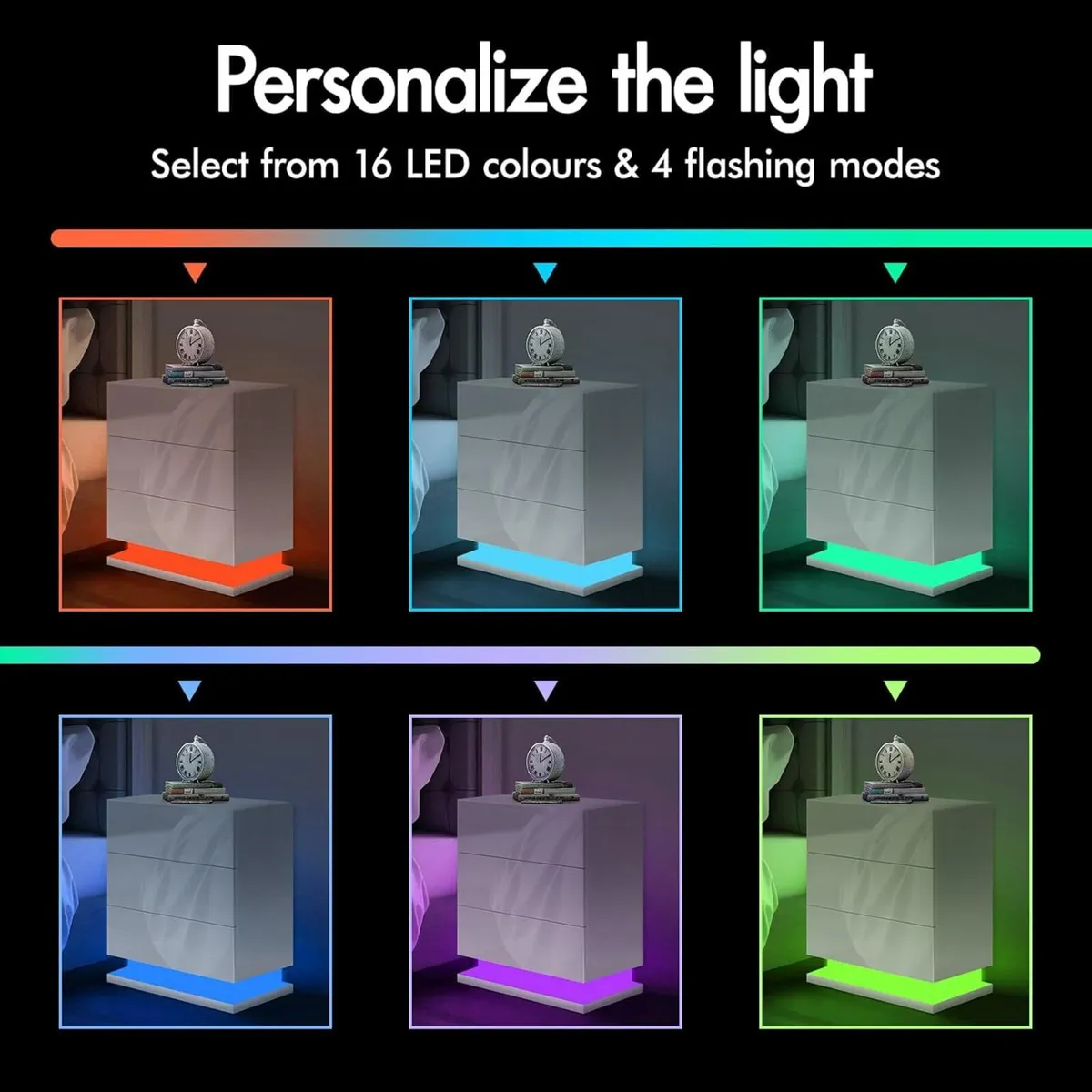 LED Bedside Table with 3 Drawers 4-side High - Image 4