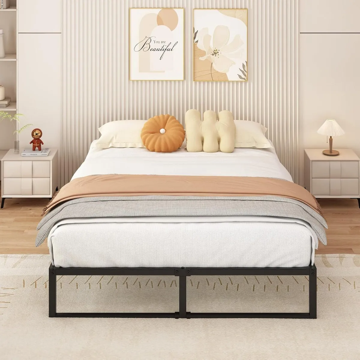 Doubl Bed Frame 140x190 cm Metal Platform with - Image 3